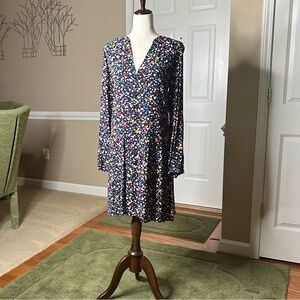 LOFT Tiered Baby Doll Dress Navy W/Multi Color Hearts NWOT Size M